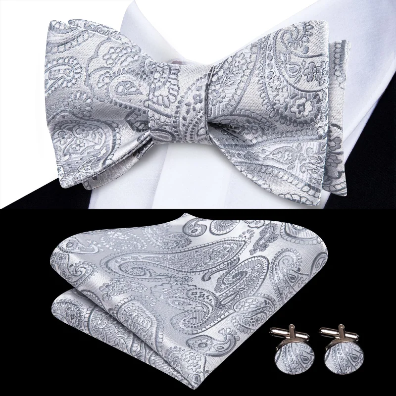 stylish silk necktie combinations for business-Ties2you Self-tie Bow Ties Cloud Grey Paisley Silk Mens Tuxedo Bowtie Set for Office