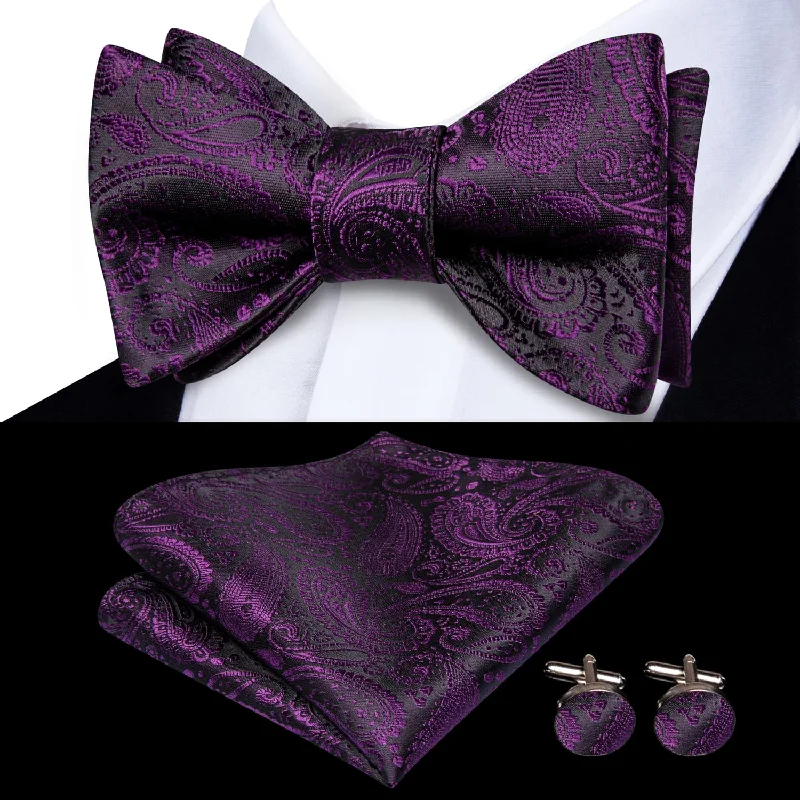 premium designer silk wedding ties-Ties2you Self-tie Bow Ties Deep Purple Paisley Silk Mens Bowtie Set for Tuxedo