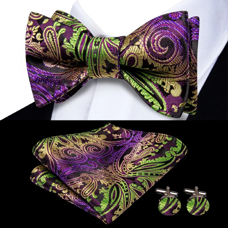 slim-fit wedding silk necktie sets-Ties2you Self-tie Bow Ties Green Purple Floral Silk Mens Bowtie Handkerchief Cufflinks Set