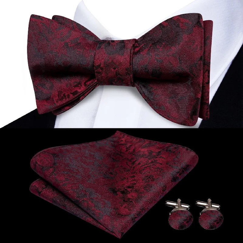 designer necktie sets for business meetings-Ties2you Self-tie Bow Ties Maroon Red Floral Mens Silk Bowtie Pocket Square Cufflinks Set