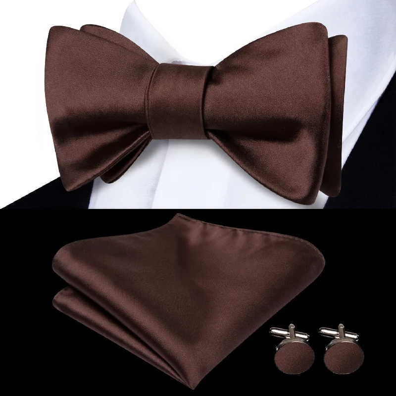 high-end wedding silk necktie designs-Ties2you Self-tie Bow Ties Pecan Brown Solid Silk Mens Bowtie Set for Tuxedo