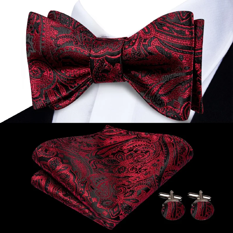 trendy business silk bow tie sets-Ties2you Self-tie Bow Ties Pure Red Floral Silk Mens Tuxedo Bowtie Set Wedding