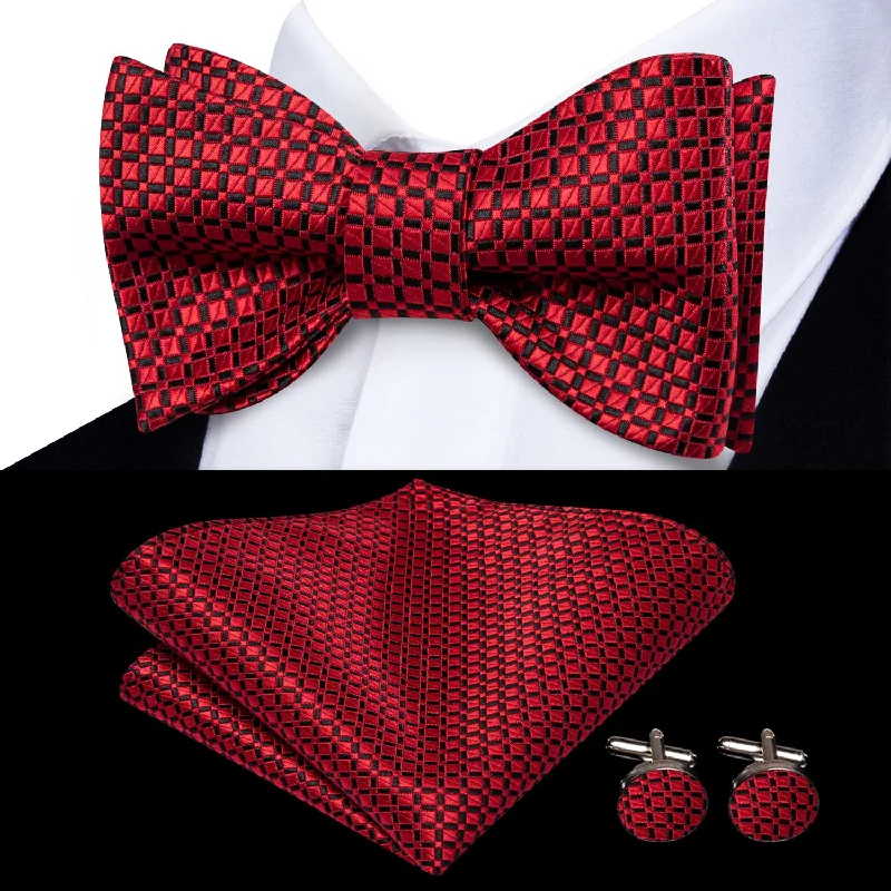 trendy silk bow tie styles for men-Ties2you Self-tie Bow Ties Pure Red Plaid Mens Silk Wedding Bowtie Pocket Square Cufflinks Set