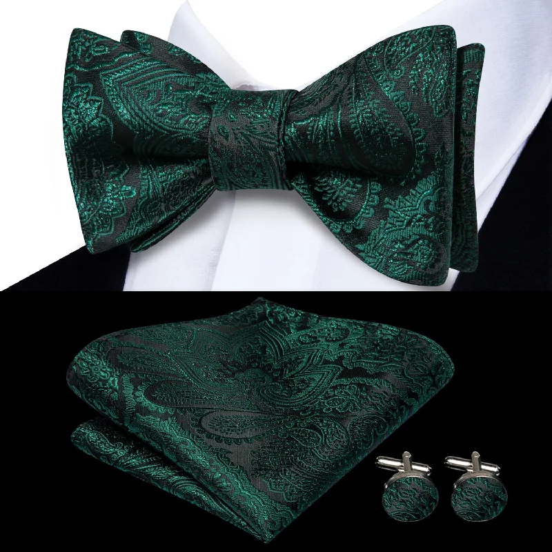 luxurious wedding silk necktie designs-Ties2you Self-tie Bow Ties Sapphire Pine Green Paisley Silk Mens Bowtie Handkerchief Cufflinks Set