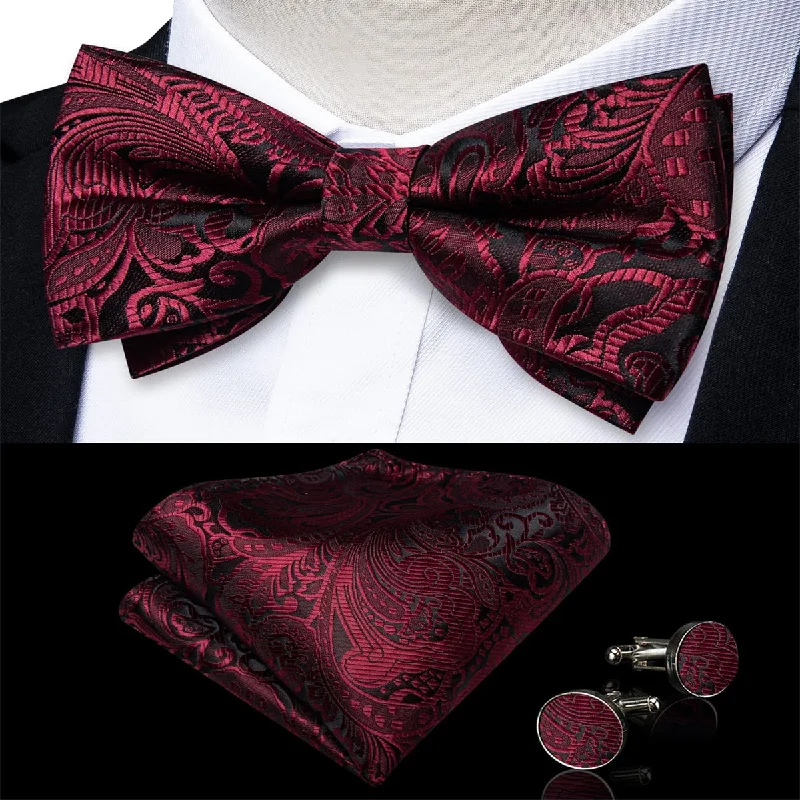 luxurious silk necktie sets for weddings-Ties2you Silk Bow Tie Burgundy Floral Mens Dress Pre-tied Bowtie Pocket Square Cufflinks Set