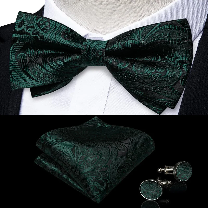 luxurious necktie options for wedding celebrations-Ties2you Silk Bow Tie Medium Jungle Green Floral Mens Dress Pre-tied Bowtie Pocket Square Cufflinks Set