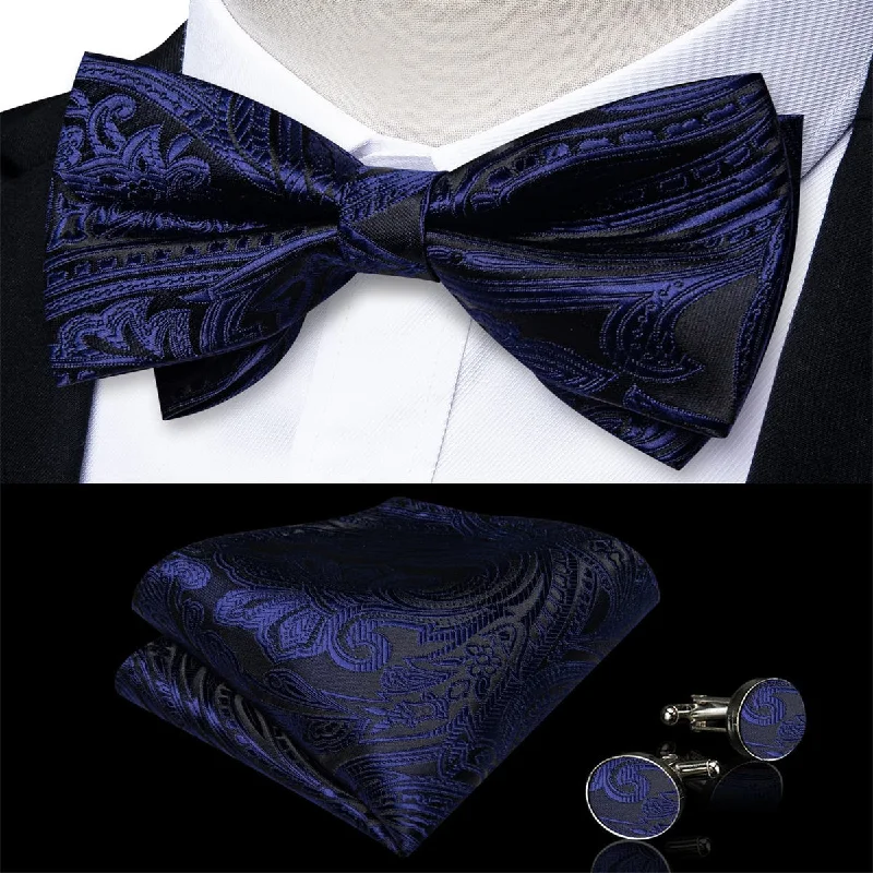 business necktie designs for wedding parties-Ties2you Silk Bow Tie Midnight Blue Floral Mens Dress Pre-tied Bowtie Pocket Square Cufflinks Set