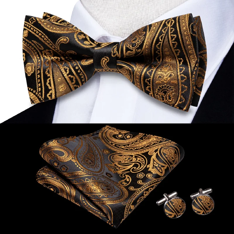 premium silk wedding necktie ideas-Ties2you Tuxedo Bow Tie Black Golden Paisley Silk Men's Pre-tied Bowtie Pocket Square Cufflinks Set