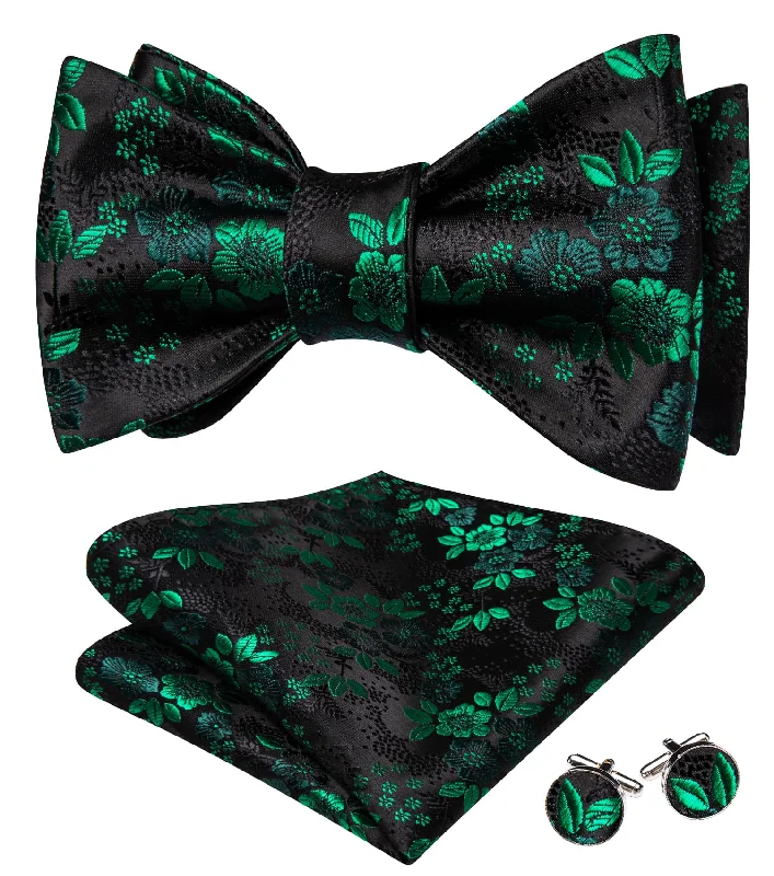 silk necktie designs for office events-Ties2you Tuxedo Bow Tie Black Green Floral Men's Silk Self-Bow Tie Pocket Square Cufflinks Set