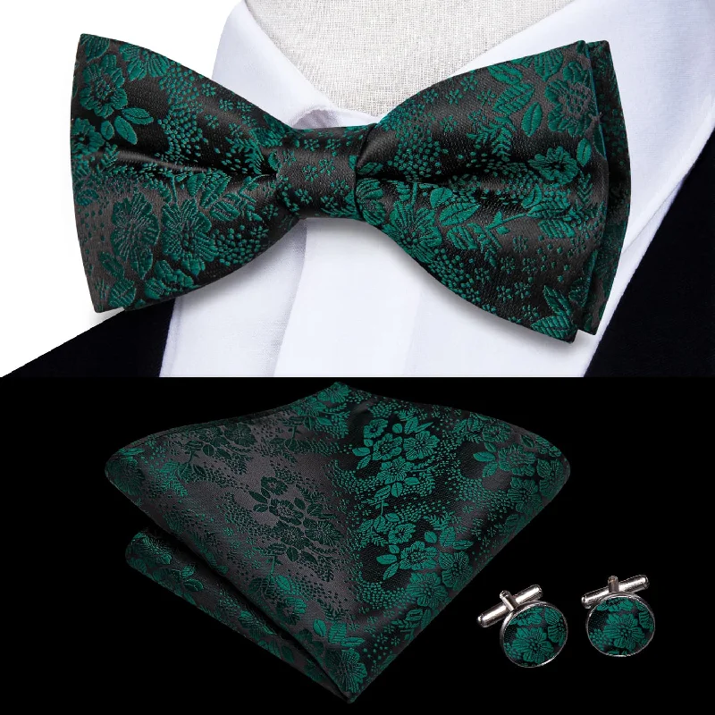 slim-fit silk neckties for office wear-Ties2you Tuxedo Bow Tie Black Green Floral Silk Men's Pre-tied Bowtie Set for Business