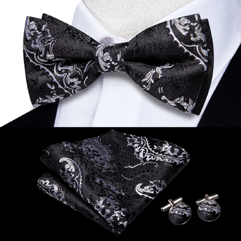 affordable business silk necktie styles-Ties2you Tuxedo Bow Tie Black Grey Floral Silk Men's Pre-tied Bowtie Pocket Square Cufflinks Set