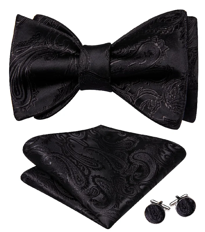 premium silk necktie designs for formal events-Ties2you Tuxedo Bow Tie Black Paisley Men's Silk Self-Bow Tie Pocket Square Cufflinks Set