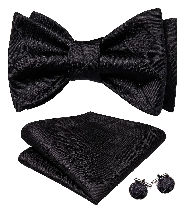 best wedding necktie options for men-Ties2you Tuxedo Bow Tie Black Plaid Men's Silk Self-Bow Tie Pocket Square Cufflinks Set