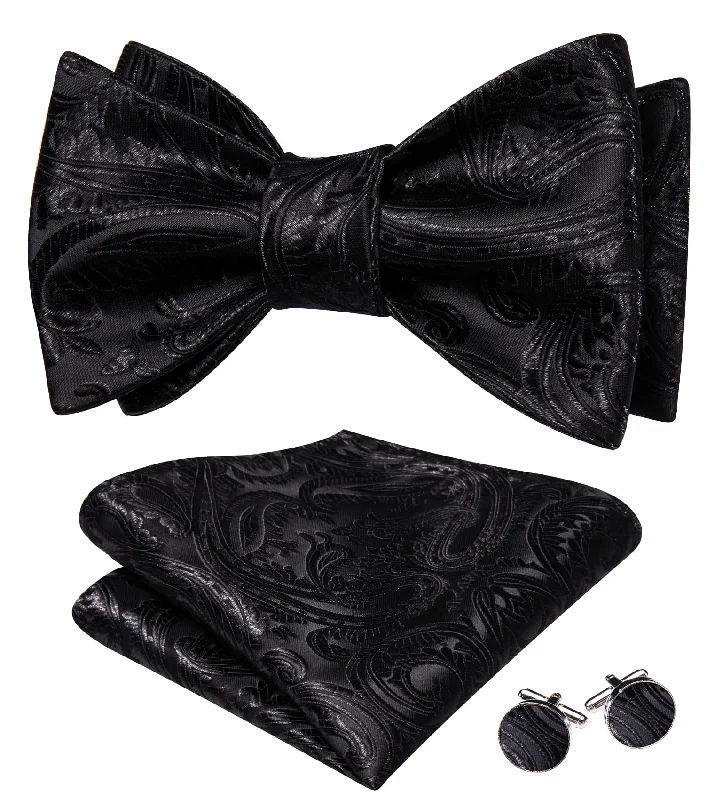 stylish silk ties for formal business events-Ties2you Tuxedo Bow Tie Coal Black Paisley Men's Silk Self-Bow Tie Handkerchief Cufflinks Set