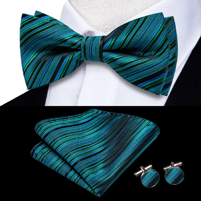 vibrant silk necktie combinations for weddings-Ties2you Tuxedo Bow Tie Green Blue Striped Silk Men's Pre-tied Bowtie Pocket Square Cufflinks Set