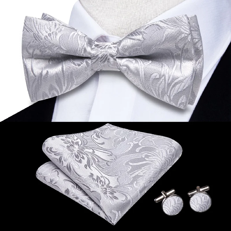 premium wedding silk necktie colors-Ties2you Tuxedo Bow Tie Light Grey Floral Silk Men's Pre-tied Bowtie Pocket Square Cufflinks Set