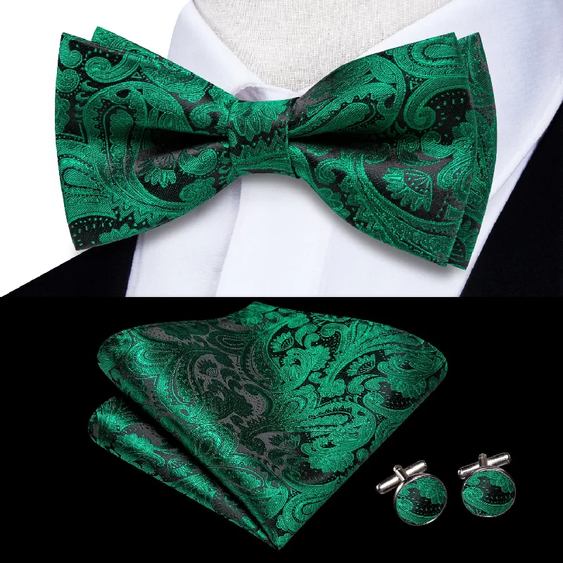 premium designer silk wedding ties-Ties2you Tuxedo Bow Tie Sea Green Paisley Silk Men's Pre-tied Bowtie Pocket Square Cufflinks Set