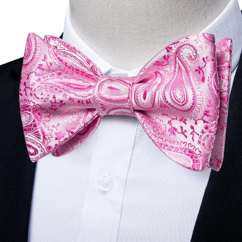 premium business silk tie sets-White Pink Paisley Self-tied Bow Tie Hanky Cufflinks Set