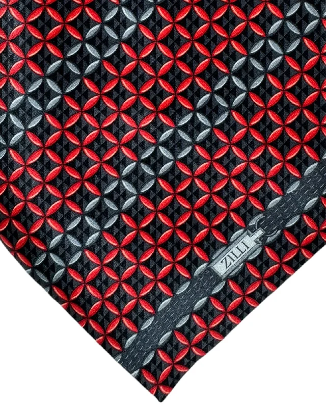 affordable designer silk necktie sets-Zilli Silk Tie Black Gray Red Geometric Stripes - Wide Necktie SALE