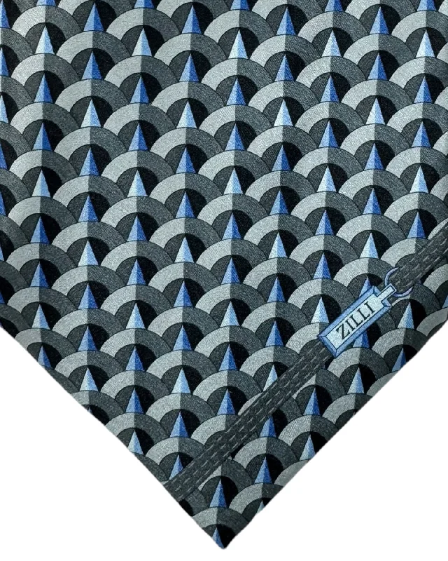 trendy silk bow tie styles for men-Zilli Silk Tie Gray Metallic Blue Geometric - Wide Necktie