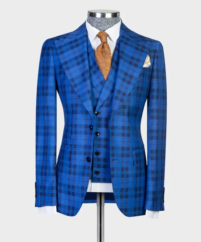 Men's slim fit tuxedo with satin finish for wedding -3 Pieces Blue Plaid Suit