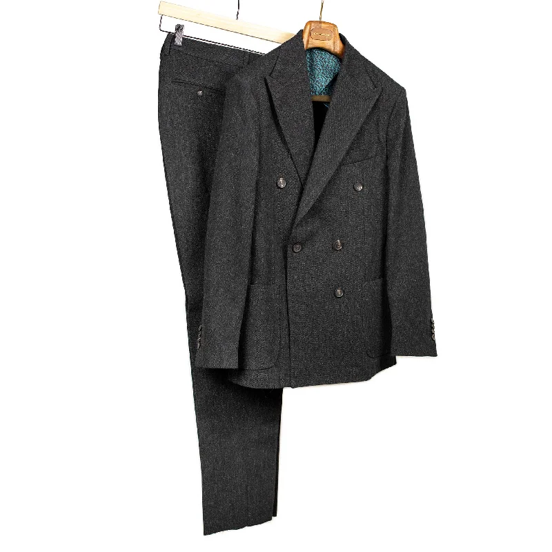 Men's modern tuxedo jacket with satin collar for business -Aaresant double breasted suit in mixed grey Japanese wool cotton denim