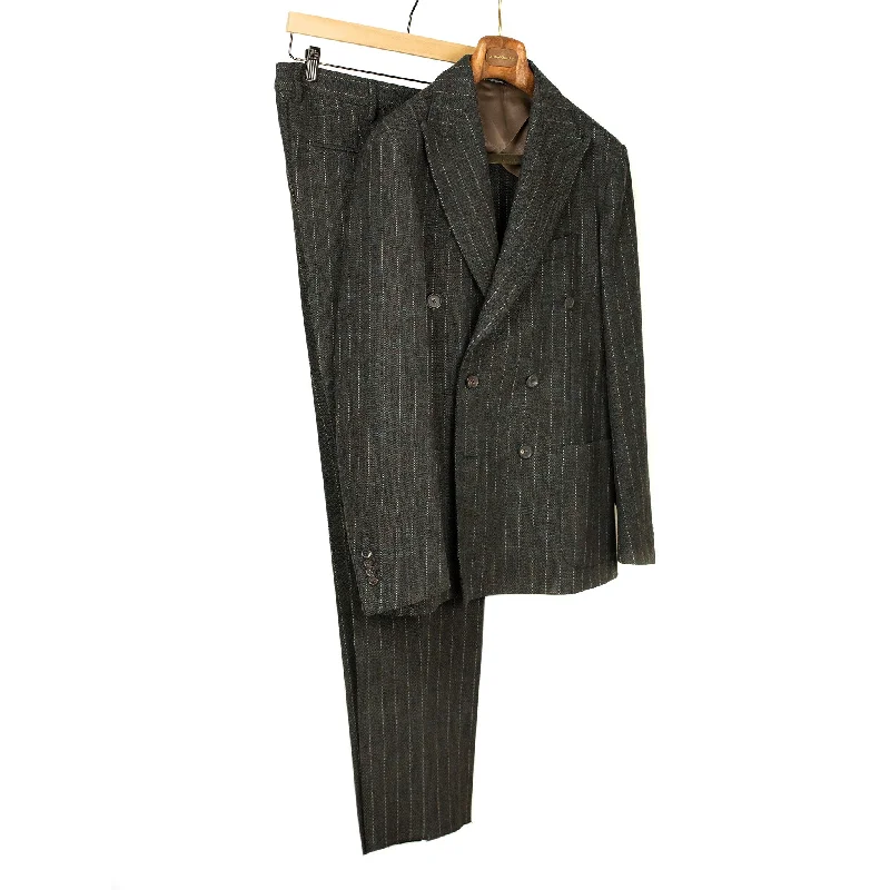 Men's designer grey tuxedo for corporate gala -Aareseant double breasted suit in charcoal, teal, and rust retro stripe cotton and wool tweed