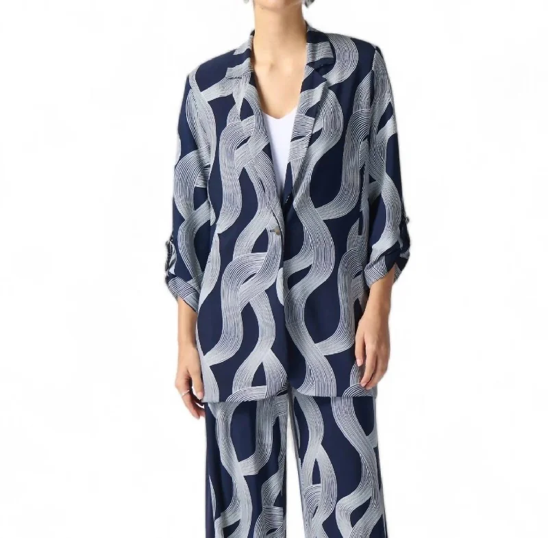 Men's luxury tuxedo for office party -Abstract Print Longline Blazer In Midnight Blue/vanilla