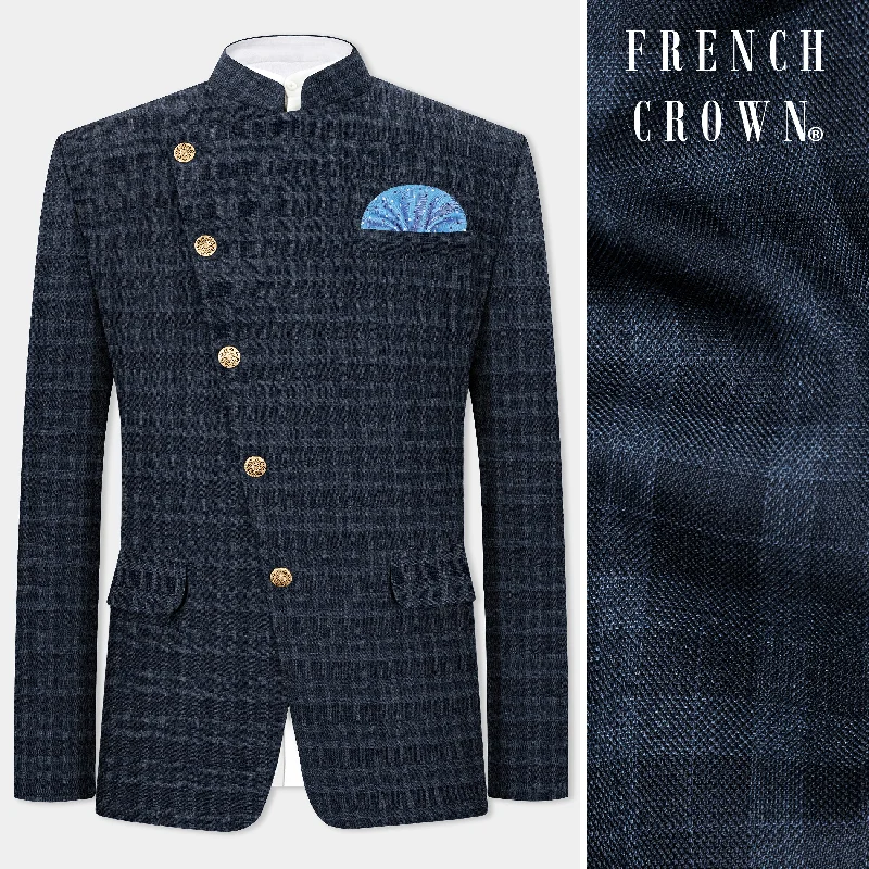 Men's premium tuxedo for formal business events -Baltic Blue Plaid Wool Rich Cross Placket Bandhgala Blazer