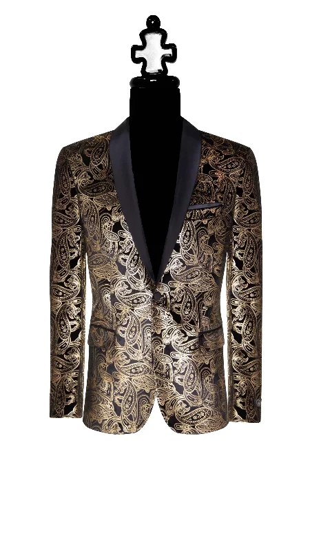 Men's premium tuxedo with satin finish for office party -Premium Gold Paisley Floral Black Tuxedo with Silk Lapel