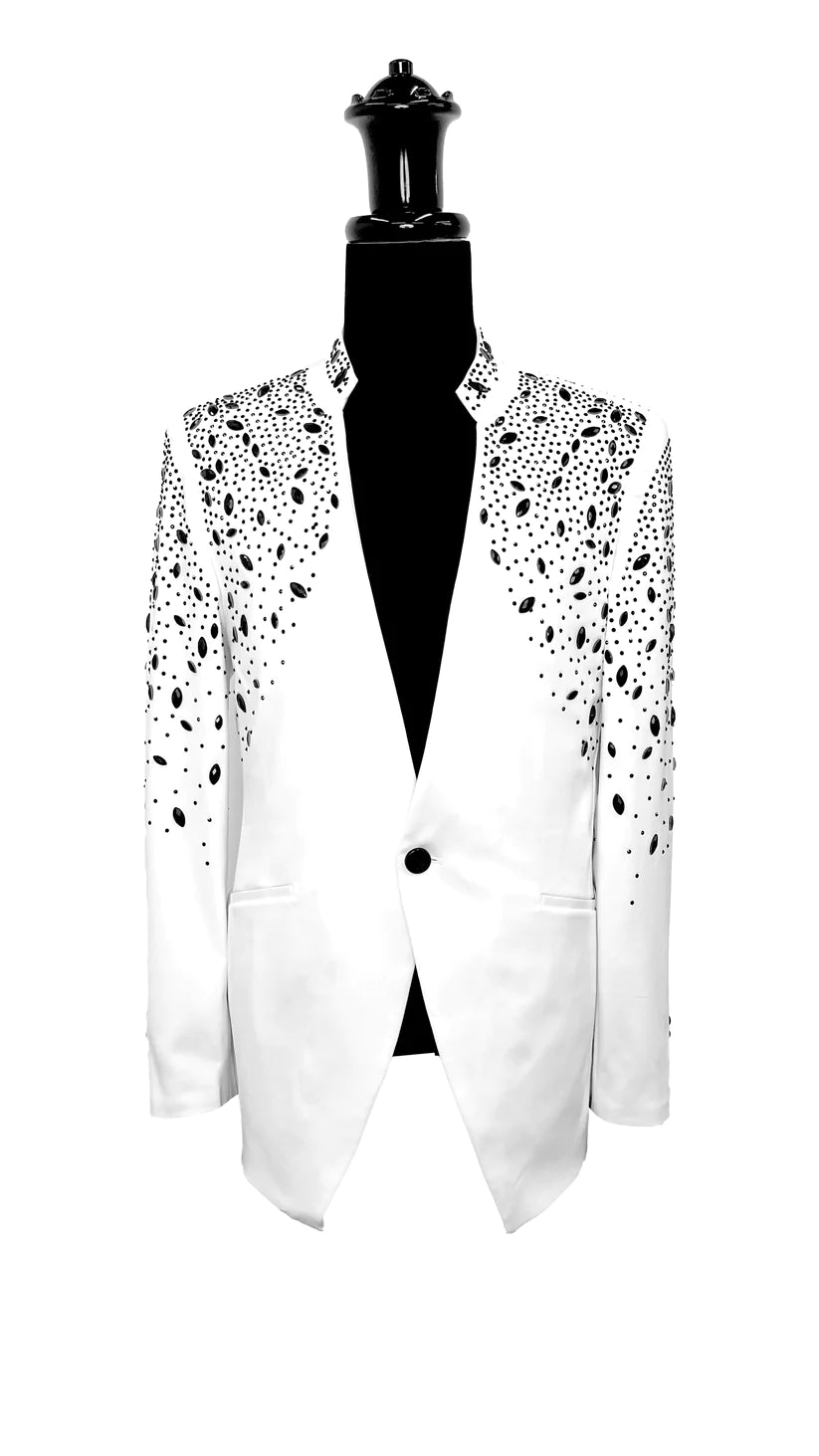 Men's designer tuxedo for formal business events -Tears in Heaven Black and Gold Rhinestone Slim Fit Dinner Blazer