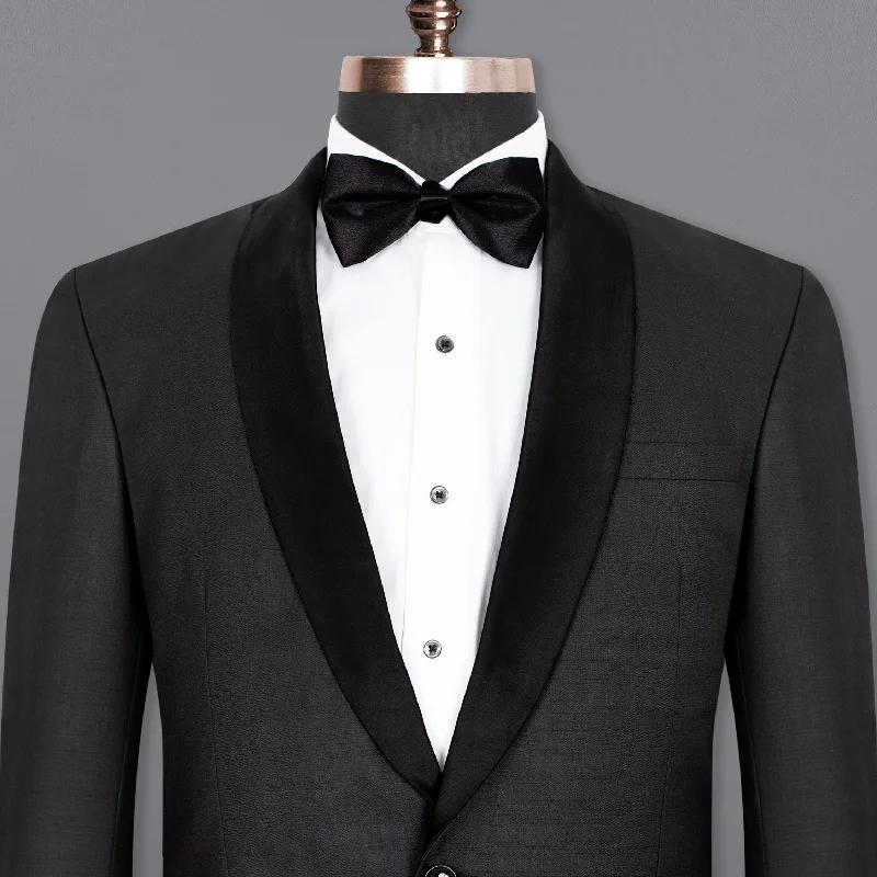 Men's slim fit tuxedo with satin collar for formal dinner -Black Russian Subtle Textured Wool rich Tuxedo Blazer