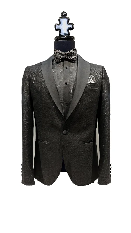 Men's designer tuxedo for dinner gala -Vercini Black Sparkling Floral Tuxedo