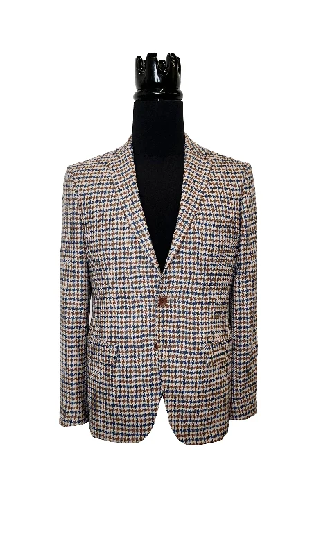 Men's elegant tuxedo jacket with satin lapels -Blue/ Brown Blazer Plaid Pattern