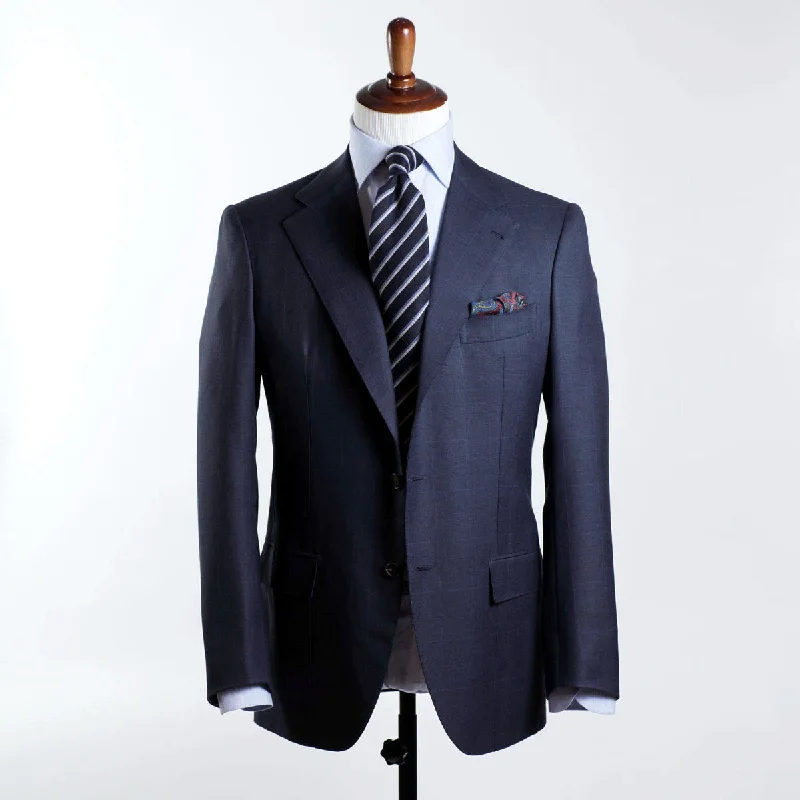 Men's wool tuxedo for formal business gathering -Blue plaid single breasted suit, 11oz H&S wool