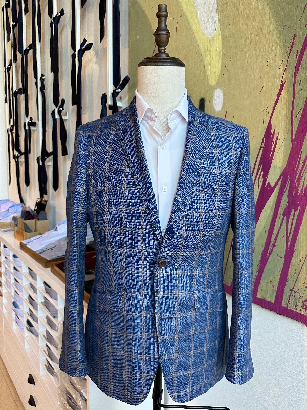 Men's tailored tuxedo jacket for black tie event -Blue with Tan Windowpane Blazer