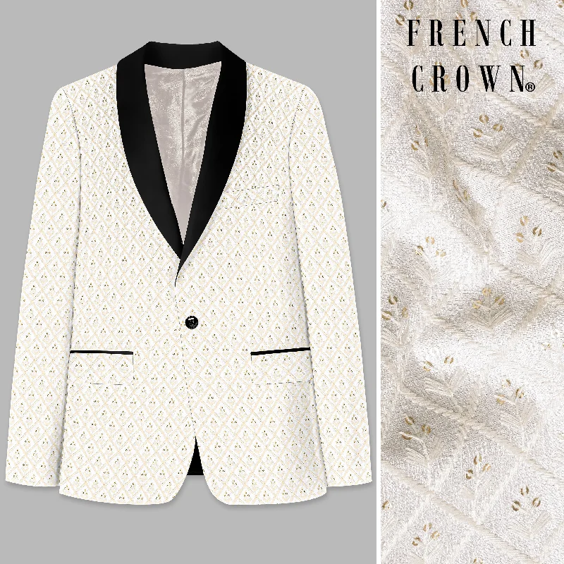 Men's slim fit tuxedo with satin lapels for business -Bright White and Bone Beige Geometric Thread and Sequin Embroidered Tuxedo Blazer