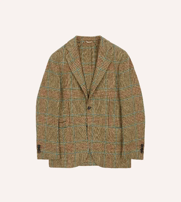 Men's luxury tuxedo jacket with satin lapels -Brown, Green and Blue Houndstooth Check Tweed Blazer