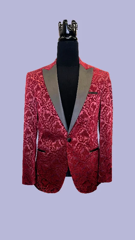 Men's designer tuxedo for business gala -Burgundy Velvet Floral Tuxedo