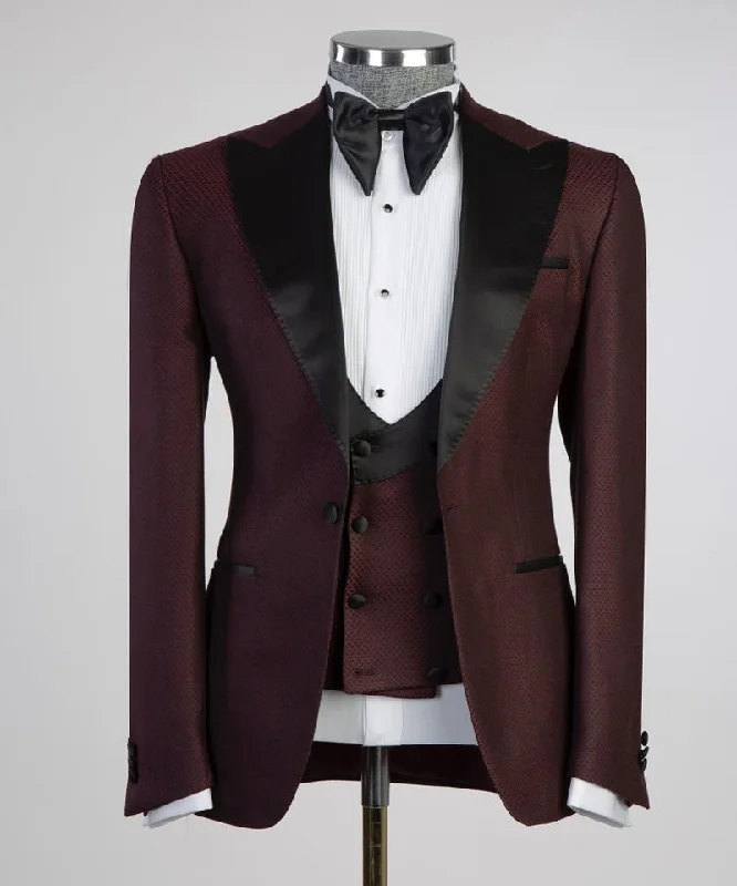 Men's premium black tuxedo jacket with satin collar -Classic 3 Piece Red Wine Tuxedo