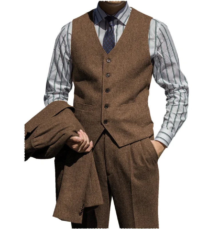 Men's luxury tuxedo jacket for evening reception -Classic Men’s  Herringbone v Neck 2 Pieces（Waistcoat+Pants）