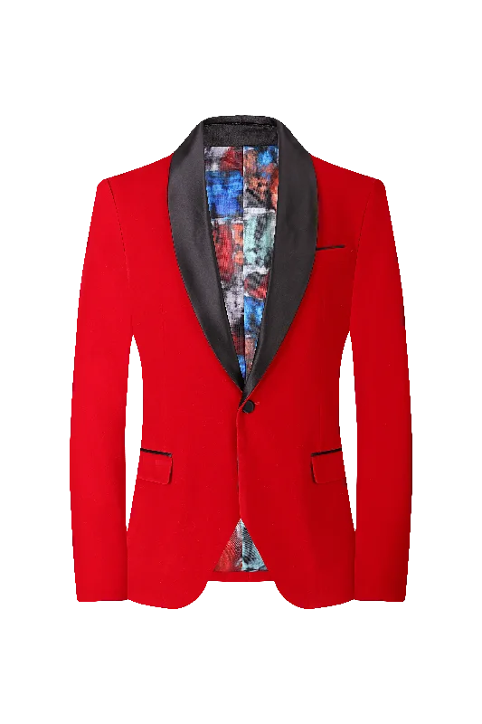 Men's slim fit tuxedo with satin collar for formal dinner -Velvet Shall Lapel Blazer - Red