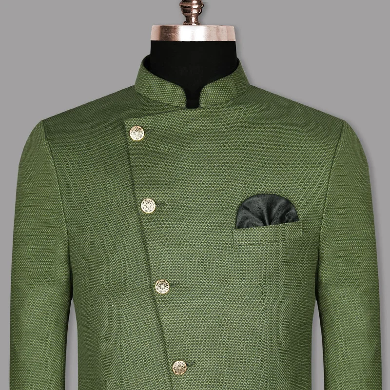 Men's formal tuxedo with satin lapels for office event -Crocodile Green Cross Placket Bandhgala/Mandarin Wool-Silk blend Blazer