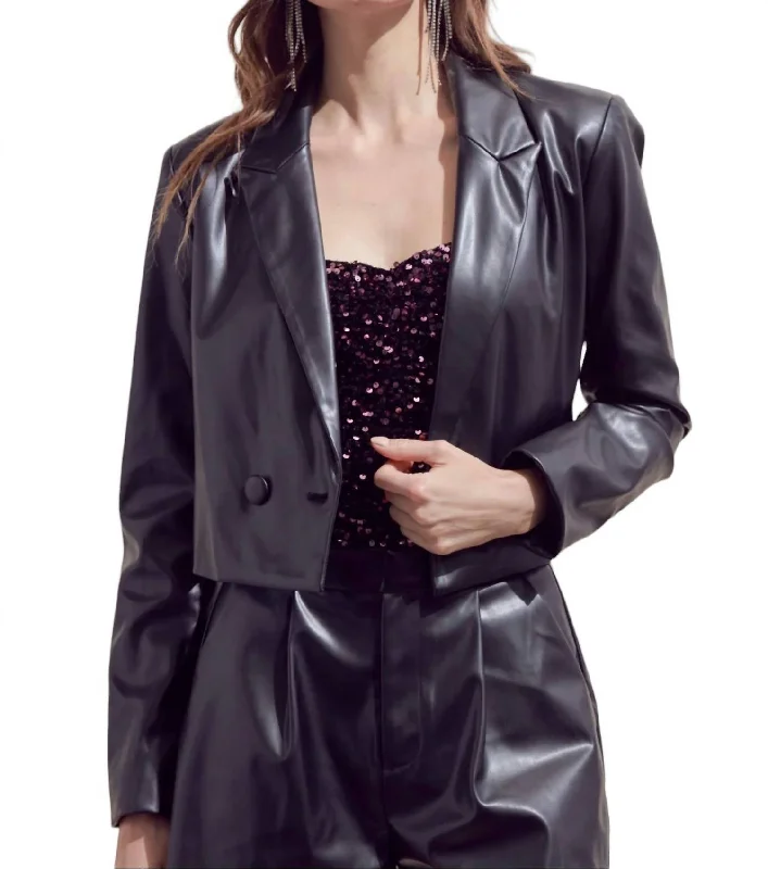 Men's tailored tuxedo jacket for black tie event -Cropped Pleather Blazer In Black