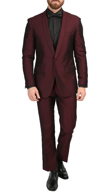 Men's tailored tuxedo jacket for formal event -Mens Daxson Burgundy Slim Fit Shawl Collar 3pc Tuxedo