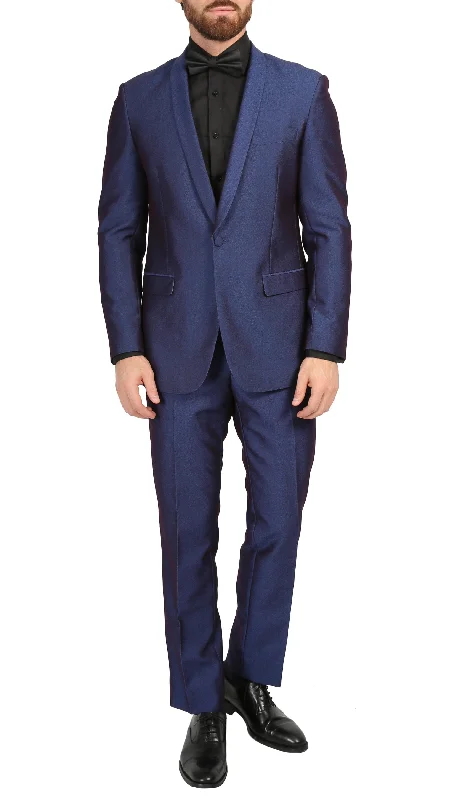 Men's slim fit tuxedo for evening gala dinner -Mens Daxson Navy Slim Fit Shawl Collar 3pc Tuxedo