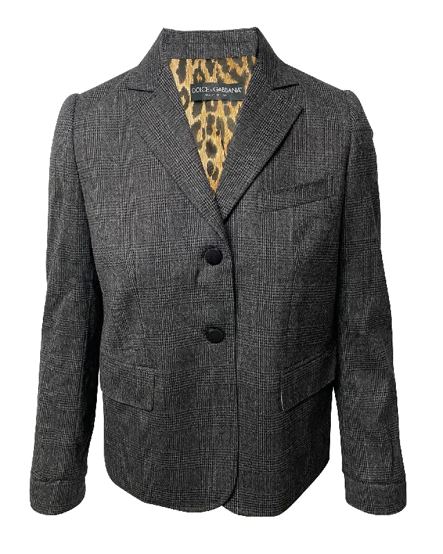 Men's wool tuxedo for formal business gathering -Dolce & Gabbana Single Breasted Leopard Print Lining Blazer In Grey Wool