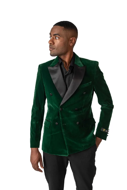 Men's slim fit tuxedo with satin finish for office -Double Breasted Velvet Blazer -Green