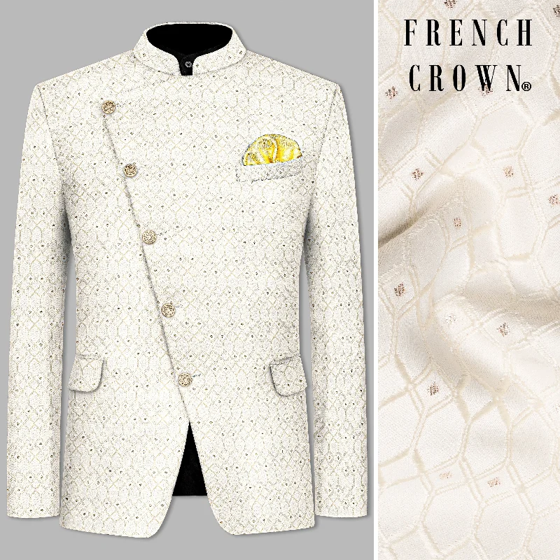 Men's designer tuxedo for formal event -Fantasy Cream Trellis Jacquard Weave Cross Placket Bandhgala Jodhpuri