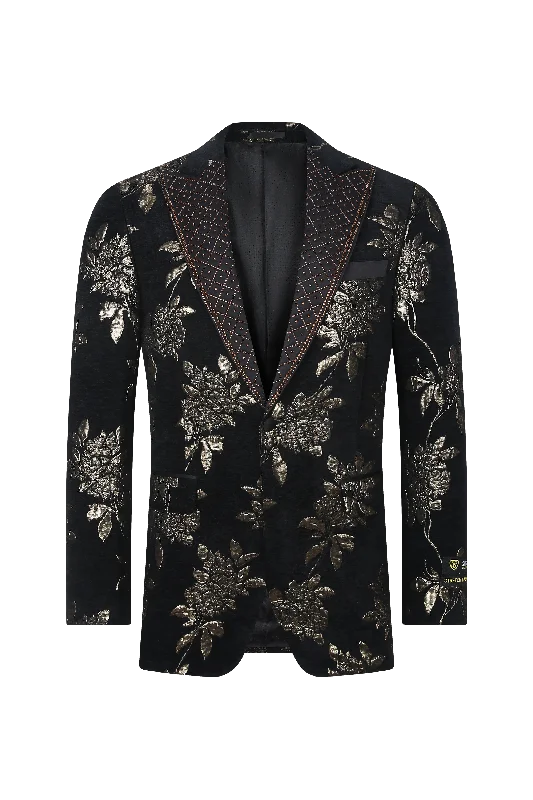 Men's slim fit tuxedo with satin lapels for business -Midnight Bloom Floral Blazer